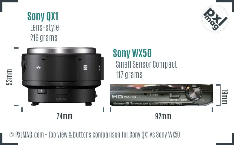Sony QX1 vs Sony WX50 top view buttons comparison