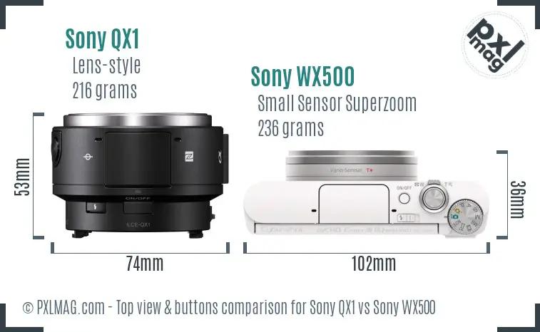 Sony QX1 vs Sony WX500 top view buttons comparison
