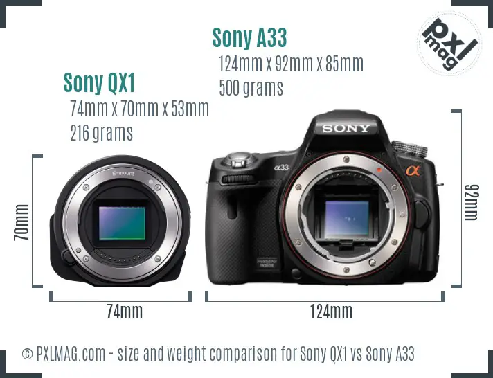 Sony QX1 vs Sony A33 size comparison