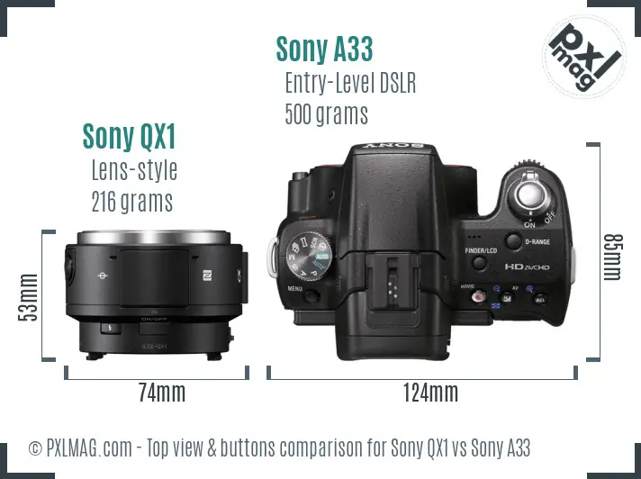 Sony QX1 vs Sony A33 top view buttons comparison