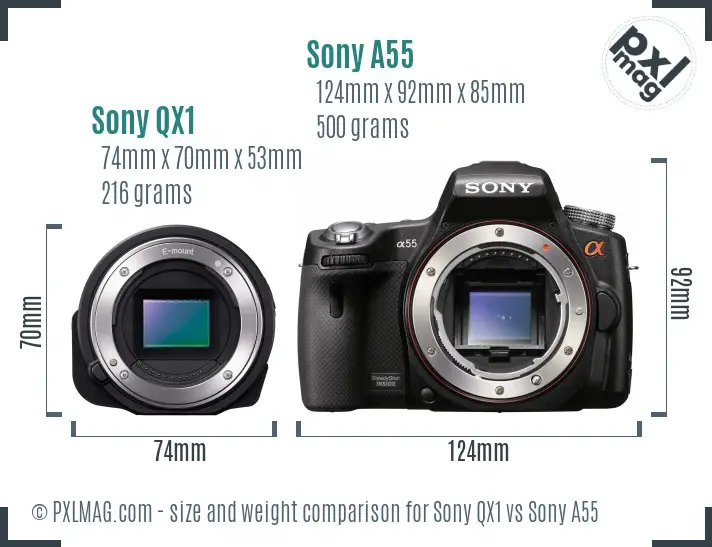 Sony QX1 vs Sony A55 size comparison