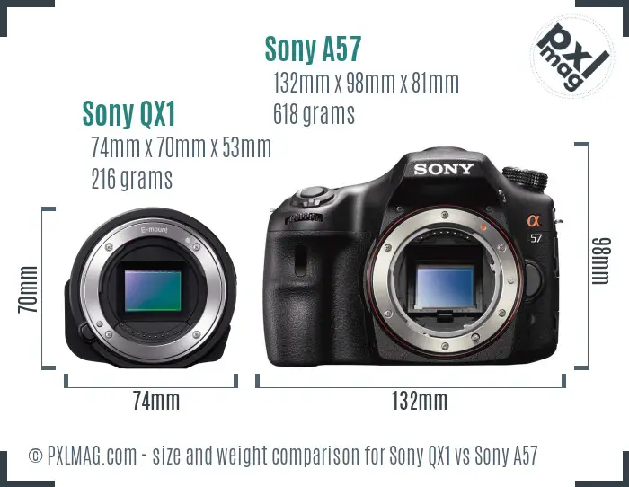 Sony QX1 vs Sony A57 size comparison