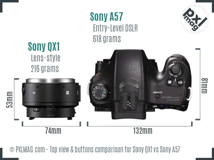 Sony QX1 vs Sony A57 top view buttons comparison