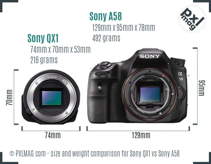 Sony QX1 vs Sony A58 size comparison