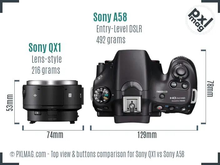 Sony QX1 vs Sony A58 top view buttons comparison