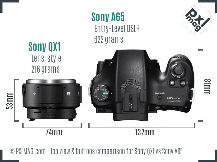 Sony QX1 vs Sony A65 top view buttons comparison