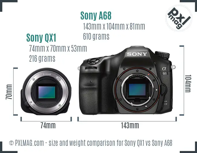 Sony QX1 vs Sony A68 size comparison