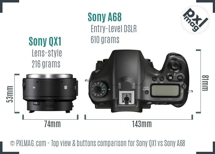 Sony QX1 vs Sony A68 top view buttons comparison