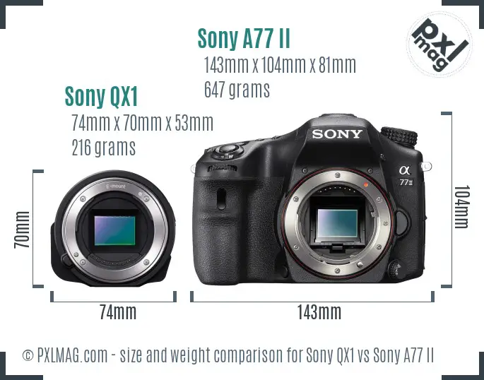 Sony QX1 vs Sony A77 II size comparison