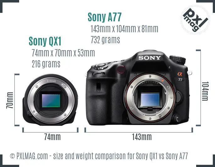 Sony QX1 vs Sony A77 size comparison