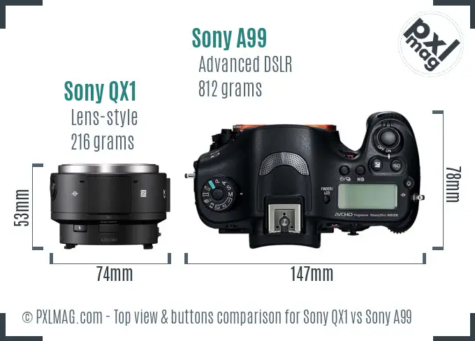 Sony QX1 vs Sony A99 top view buttons comparison