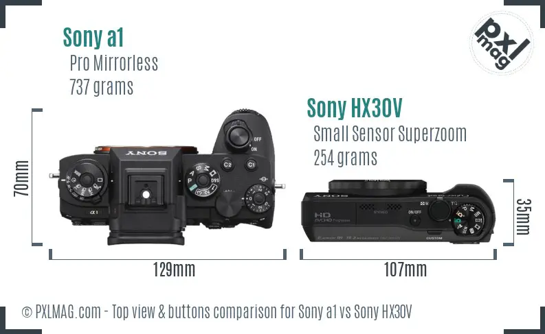 Sony a1 vs Sony HX30V top view buttons comparison Sony a1 vs Sony HX30V top view buttons comparison
