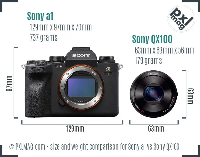 Sony a1 vs Sony QX100 size comparison