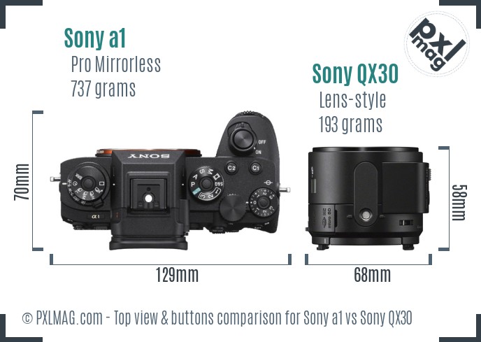 Sony a1 vs Sony QX30 top view buttons comparison