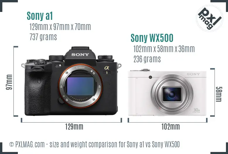 Sony a1 vs Sony WX500 size comparison