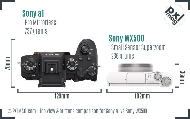 Sony a1 vs Sony WX500 top view buttons comparison