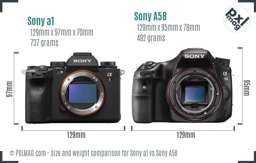 Sony a1 vs Sony A58 size comparison