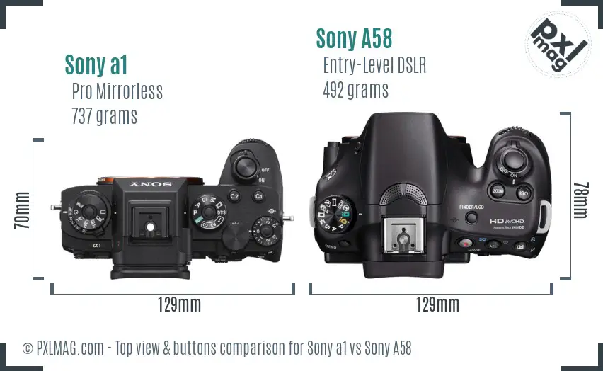 Sony a1 vs Sony A58 top view buttons comparison