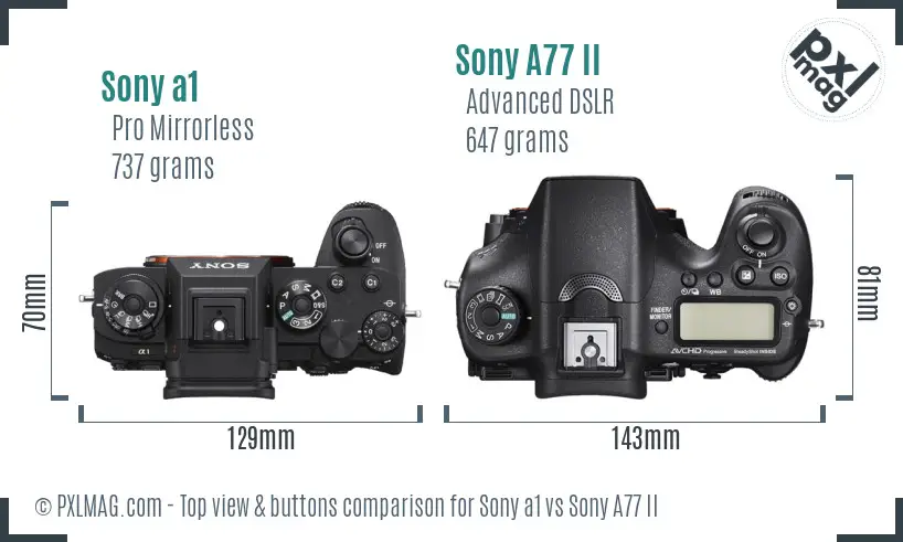 Sony a1 vs Sony A77 II top view buttons comparison