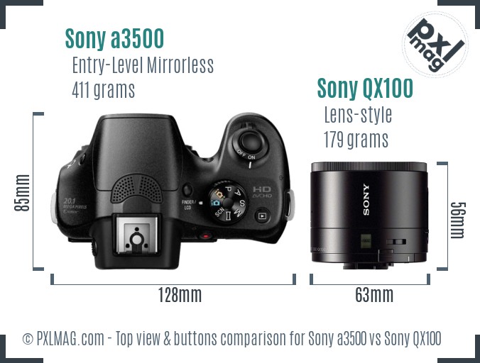 Sony a3500 vs Sony QX100 top view buttons comparison