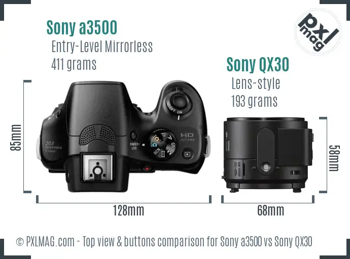 Sony a3500 vs Sony QX30 top view buttons comparison