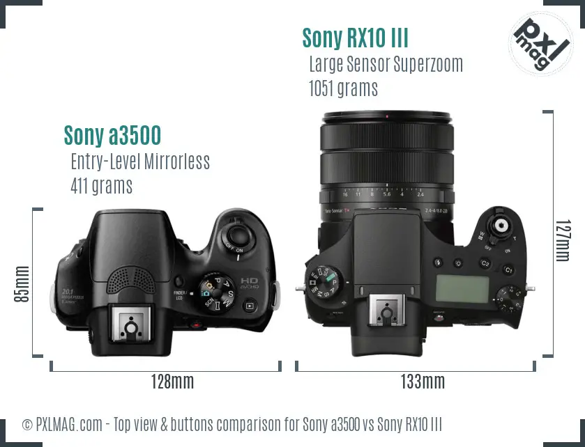 Sony a3500 vs Sony RX10 III top view buttons comparison