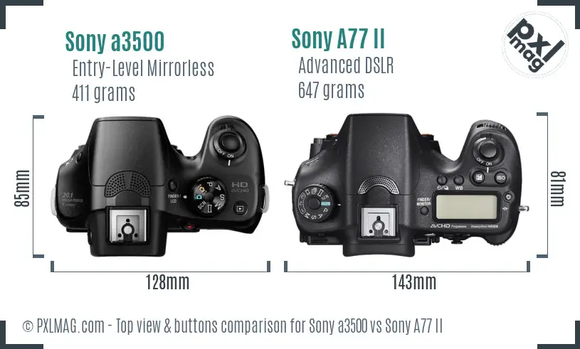 Sony a3500 vs Sony A77 II top view buttons comparison