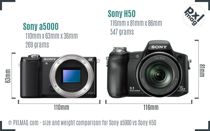Sony a5000 vs Sony H50 size comparison