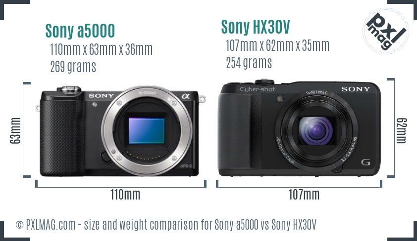 Sony a5000 vs Sony HX30V size comparison