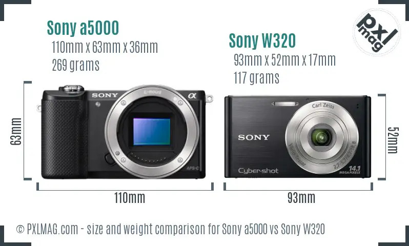 Sony a5000 vs Sony W320 size comparison