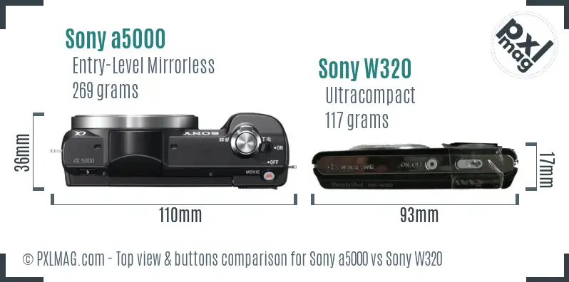 Sony a5000 vs Sony W320 top view buttons comparison