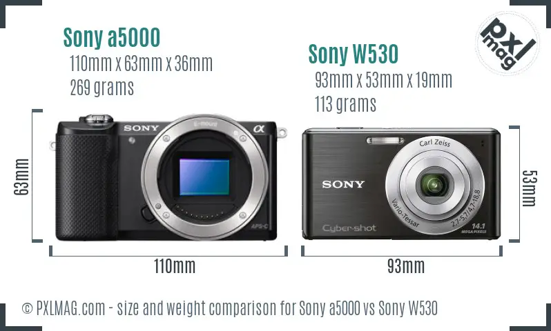 Sony a5000 vs Sony W530 size comparison