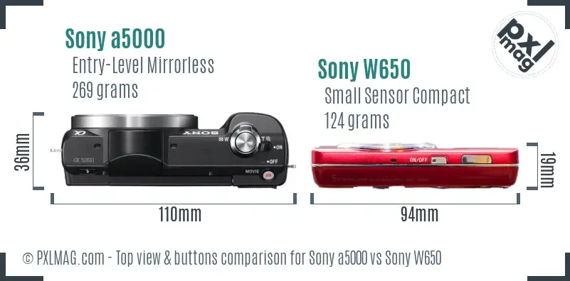 Sony a5000 vs Sony W650 top view buttons comparison