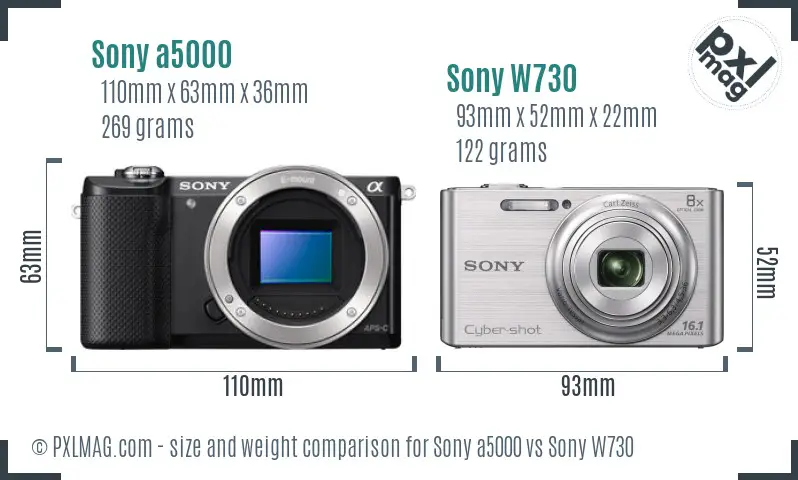 Sony a5000 vs Sony W730 size comparison