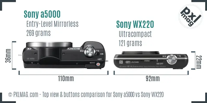 Sony a5000 vs Sony WX220 top view buttons comparison