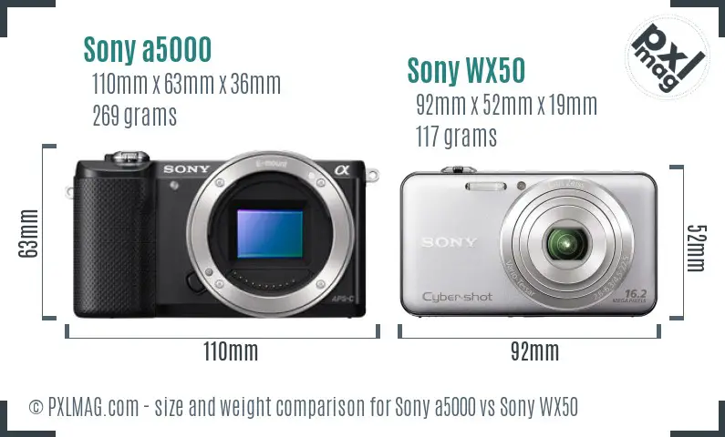Sony a5000 vs Sony WX50 size comparison