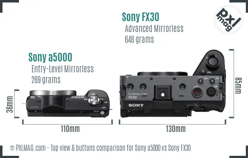 Sony a5000 vs Sony FX30 top view buttons comparison