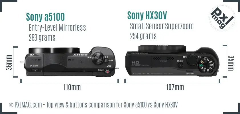 Sony a5100 vs Sony HX30V top view buttons comparison
