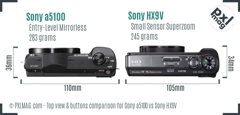 Sony a5100 vs Sony HX9V top view buttons comparison