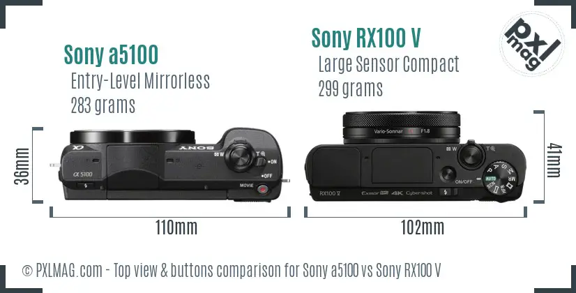 Sony a5100 vs Sony RX100 V top view buttons comparison Sony a5100 vs Sony RX100 V top view buttons comparison