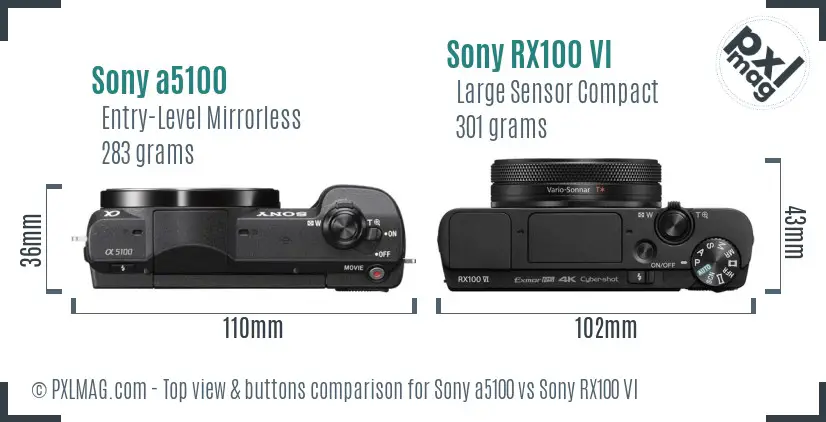 Sony a5100 vs Sony RX100 VI top view buttons comparison Sony a5100 vs Sony RX100 VI top view buttons comparison