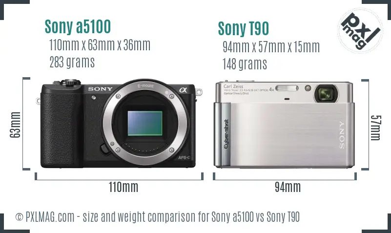 Sony a5100 vs Sony T90 size comparison