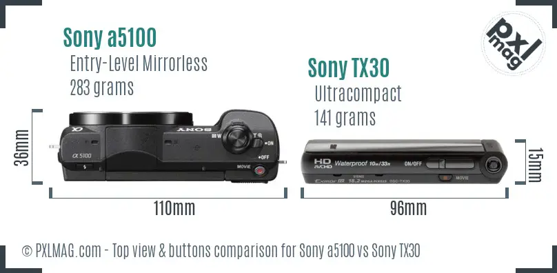 Sony a5100 vs Sony TX30 top view buttons comparison