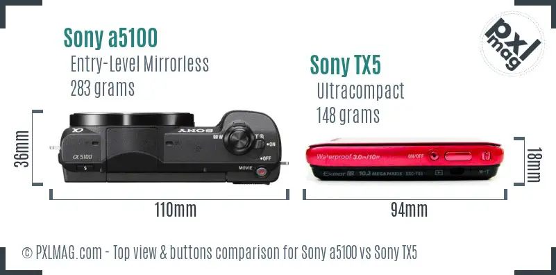 Sony a5100 vs Sony TX5 top view buttons comparison