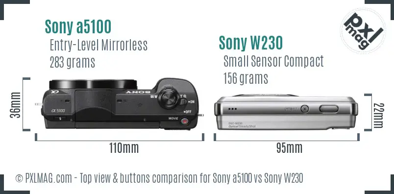 Sony a5100 vs Sony W230 top view buttons comparison