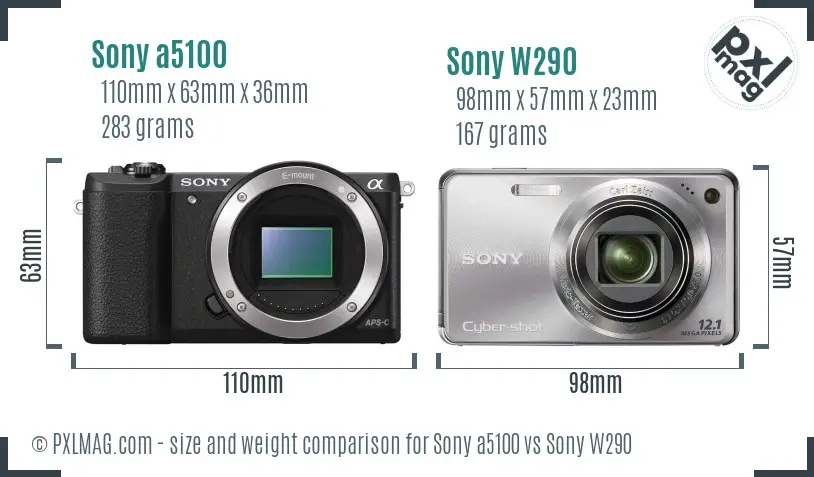 Sony a5100 vs Sony W290 size comparison