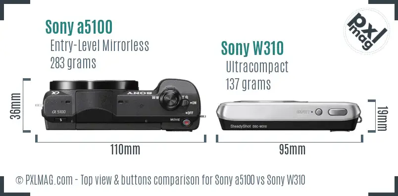 Sony a5100 vs Sony W310 top view buttons comparison