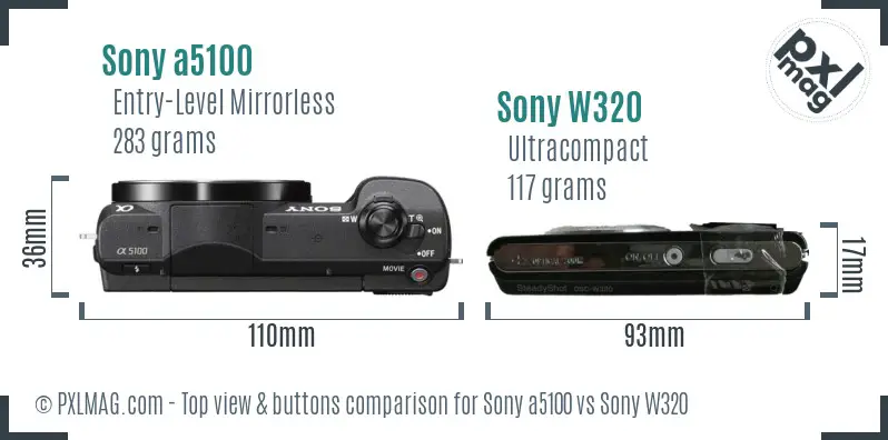 Sony a5100 vs Sony W320 top view buttons comparison