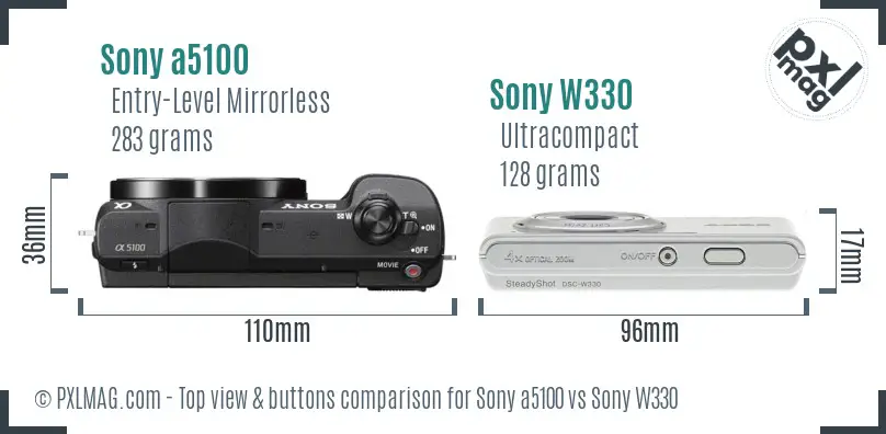 Sony a5100 vs Sony W330 top view buttons comparison