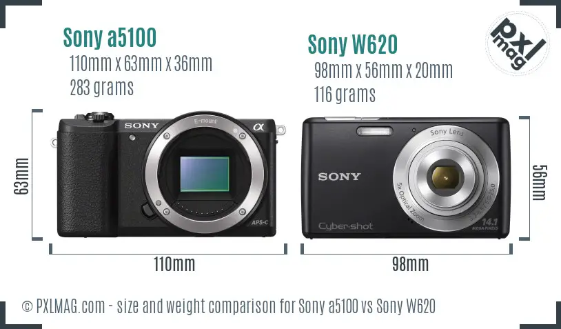 Sony a5100 vs Sony W620 size comparison